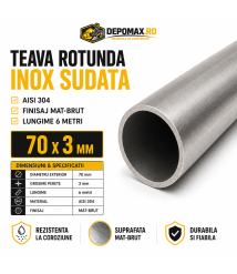 Teava rotunda inox sudata AISI 304, 70 x 3 mm, 6 metri Teava rotunda inox sudata AISI 304, 70 x 3 mm, 6 metri